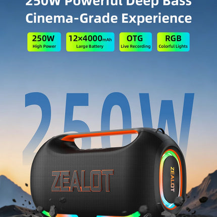 ZEALOT ZE41 250W Bluetooth Subwoofer | 48000mAh Long-Lasting Battery, RGB Lights, OTG Recording, Smart APP Control