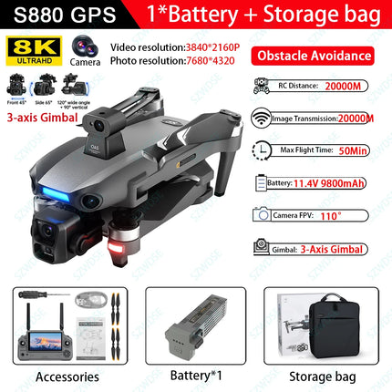 S880 MAX Professional GPS Drone With 8K HD Camera Screen Remote 3 Axis Gimbal Obstacle Avoidance FPV Brushless RC Quadcopter Toy