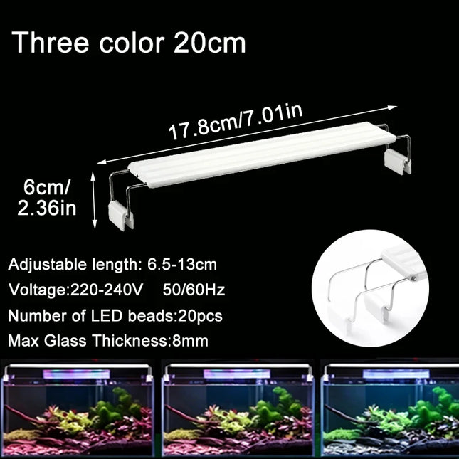 Aquarium LED Fish Tank Light, 3 Color Full Spectrum Adjustable Water Plant Lamp, Telescopic Clip-On Light for 18-75cm Aquariums