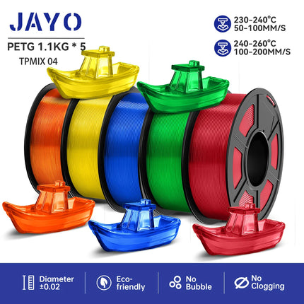 JAYO 3D Printer Filament  PETG PLA HSMPETG PLA PLUS 1.75mm 5Rolls 3D Printing Materials for 100% No Bubble &FDM 3D Pen DIY Gift