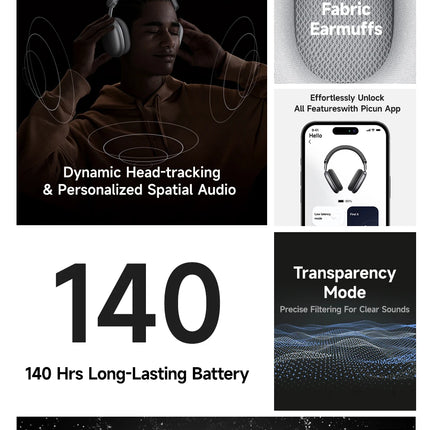 Picun F8 Pro ANC Wireless Headphones Head Tracking 3D Spatial Audio -52dB ANC HIFI Bluetooth Headset ENC HD Mic Low-Latency APP