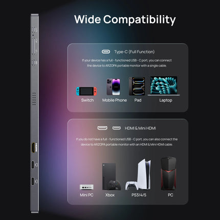 ARZOPA 16.1'' 2.5k Portable Monitor 180hz IPS 16:10 100%sRGB External Monitor for Laptop PS4/5 Switch MAC With HDMI/USB C Z3FC