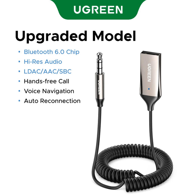 UGREEN Bluetooth 6.0 5.4  Aux Wireless Car Bluetooth USB to 3.5mm Jack Audio Mic Handsfree Adapter for Car Speaker