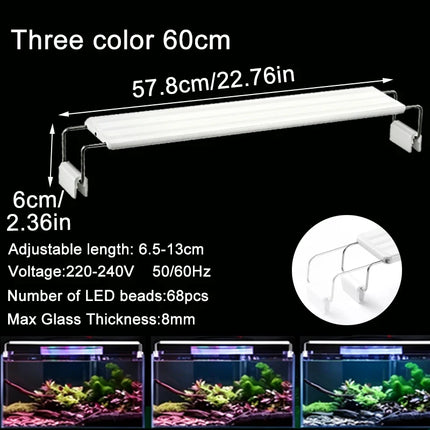 Aquarium LED Fish Tank Light, 3 Color Full Spectrum Adjustable Water Plant Lamp, Telescopic Clip-On Light for 18-75cm Aquariums