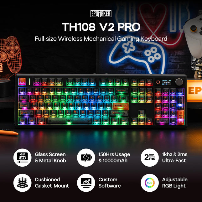 EPOMAKER TH108 V2 PRO 100% ANSI US Layout Wired/Bluetooth/2.4Ghz Wireless Mac Modifier Mechanical Keyboard with Screen & Knob