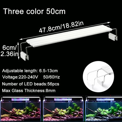 Aquarium LED Fish Tank Light, 3 Color Full Spectrum Adjustable Water Plant Lamp, Telescopic Clip-On Light for 18-75cm Aquariums