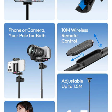 Ulanzi MT-44 B Universal Phone Tripod 1.5M Dual-Camera Setup Selfie Stick With Wireless Bluetooth for Sony Canon iPhone Xiaomi