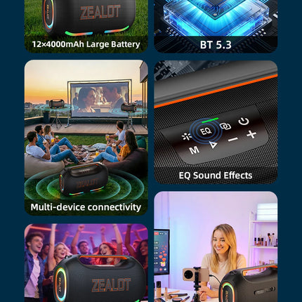 ZEALOT ZE41 250W Bluetooth Subwoofer | 48000mAh Long-Lasting Battery, RGB Lights, OTG Recording, Smart APP Control