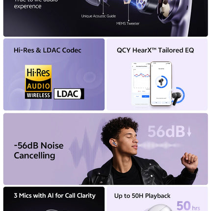 QCY MeloBuds N70 Adaptive ANC Wireless Earbuds Bluetooth 6.0 LDAC Hi-Res Audio 6 Mics Wireless Charging Earphones 50Hrs IPX5