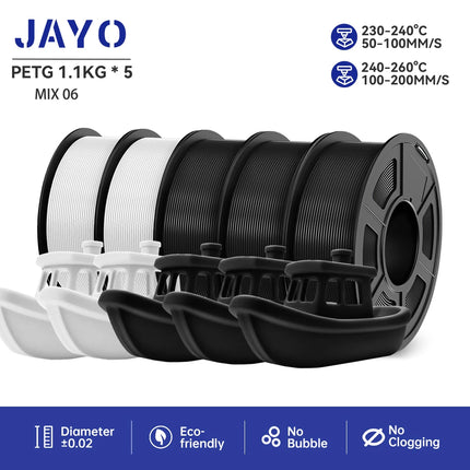 JAYO 3D Printer Filament  PETG PLA HSMPETG PLA PLUS 1.75mm 5Rolls 3D Printing Materials for 100% No Bubble &FDM 3D Pen DIY Gift
