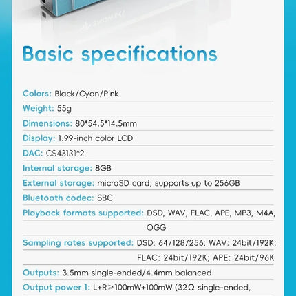 FiiO/SnowSky Echo MP3 Mini Music Player Playback 3.5mm/4.4mm Headphones Output Bluetooth HiFi Pure Music Player Custom Gifts