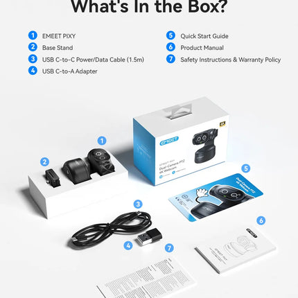 4K Webcam PTZ Web Camera EMEET PIXY Dual-Camera AI Tracking Video Camera for Streaming With SonySensor Gesture Control Autofocus