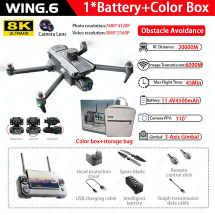 Wing 6 GPS Aerial Photography Fishing Drone 8K Camera Anti-Strong Wind Lifting Avoid Obstacles 360° 800M High One-Key Return