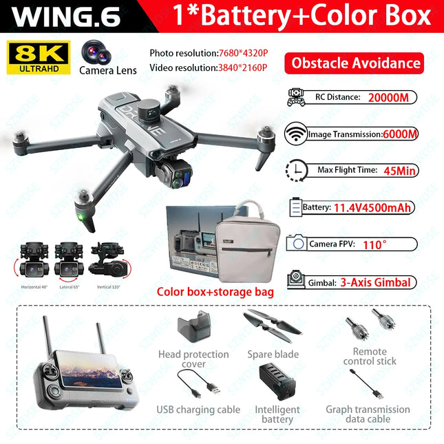 Wing 6 GPS Aerial Photography Fishing Drone 8K Camera Anti-Strong Wind Lifting Avoid Obstacles 360° 800M High One-Key Return