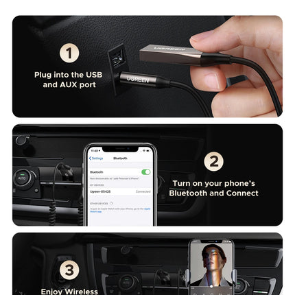 UGREEN Bluetooth 6.0 5.4  Aux Wireless Car Bluetooth USB to 3.5mm Jack Audio Mic Handsfree Adapter for Car Speaker