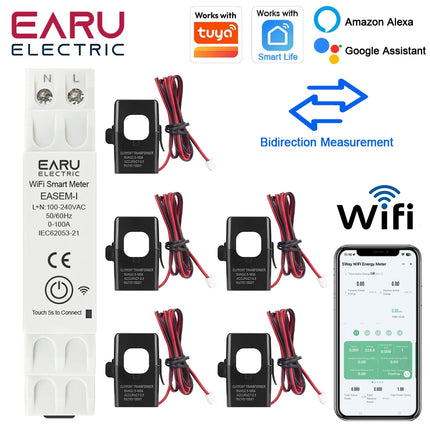 EARU Tuya Smart WiFi Energy Meter 100A with 5 CT Clamp for Solar PV System Power Production Consumption Bidirectional Monitoring