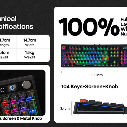 EPOMAKER TH108 V2 PRO 100% ANSI US Layout Wired/Bluetooth/2.4Ghz Wireless Mac Modifier Mechanical Keyboard with Screen & Knob