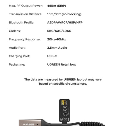 UGREEN Bluetooth 6.0 5.4  Aux Wireless Car Bluetooth USB to 3.5mm Jack Audio Mic Handsfree Adapter for Car Speaker