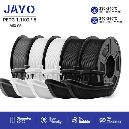 JAYO 3D Printer Filament  PETG PLA HSMPETG PLA PLUS 1.75mm 5Rolls 3D Printing Materials for 100% No Bubble &FDM 3D Pen DIY Gift