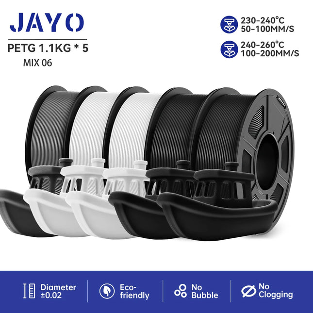 JAYO 3D Printer Filament  PETG PLA HSMPETG PLA PLUS 1.75mm 5Rolls 3D Printing Materials for 100% No Bubble &FDM 3D Pen DIY Gift