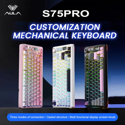 AULA S75 Pro Gaming Mechanical Keyboard 75% Hot Swappable RGB Backlit 4000mAh PBT Keycaps Wireless Keyboard with LED Screen Knob