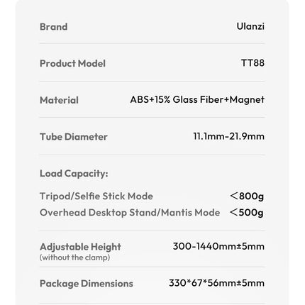 Ulanzi TT88 Overhead Tripod for Phone With Magnetic Clamp Double Cold Shoe Remote Controller Light Desktop Shoot Mantis Bracket