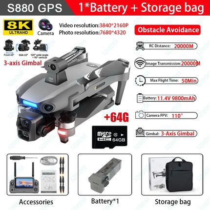 S880 MAX Professional GPS Drone With 8K HD Camera Screen Remote 3 Axis Gimbal Obstacle Avoidance FPV Brushless RC Quadcopter Toy