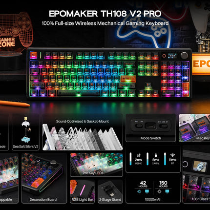 EPOMAKER TH108 V2 PRO 100% ANSI US Layout Wired/Bluetooth/2.4Ghz Wireless Mac Modifier Mechanical Keyboard with Screen & Knob