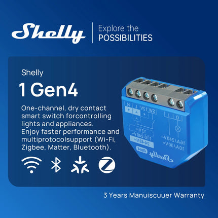 Shelly 1 Gen4 Zigbee Dry Contact Wifi Smart Switch Matter For Controlling Lights Apps Garage Doors Works with Apple Homekit