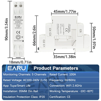 EARU Tuya Smart WiFi Energy Meter 100A with 5 CT Clamp for Solar PV System Power Production Consumption Bidirectional Monitoring