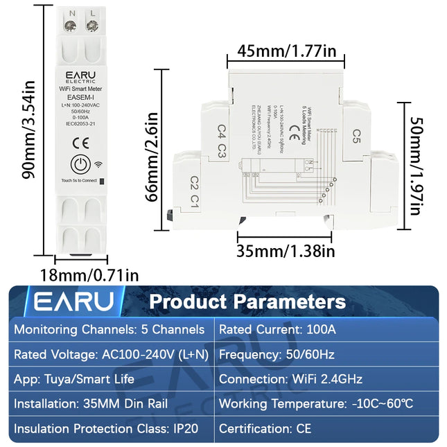 EARU Tuya Smart WiFi Energy Meter 100A with 5 CT Clamp for Solar PV System Power Production Consumption Bidirectional Monitoring