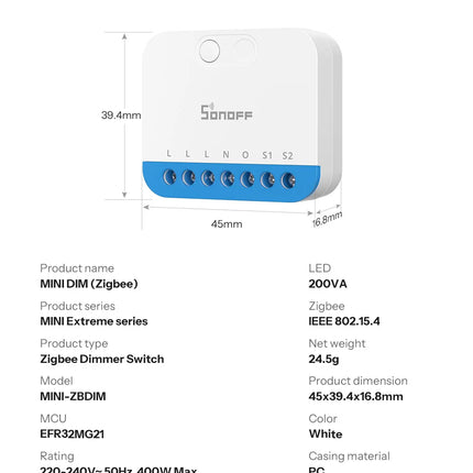 SONOFF MINI-ZBDIM Extreme Zigbee Smart Dimmer Switch Wide Lighting Compatibility Real-Time Power Monitoring Overheat Protection