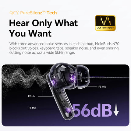 QCY MeloBuds N70 Adaptive ANC Wireless Earbuds Bluetooth 6.0 LDAC Hi-Res Audio 6 Mics Wireless Charging Earphones 50Hrs IPX5