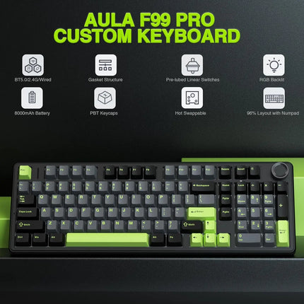 AULA F99 PRO Wireless Gaming Mechanical Keyboard Tri Mode Hot Swappable 99 Keys Gasket Structure Custom Keyboard with Media Knob