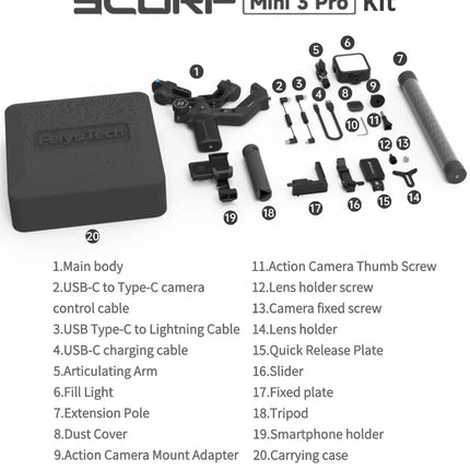 FeiyuTech SCORP Mini 3 Pro Camera Gimbal Stabilizer, AI Tracking, Detachable Handle, Vlogging, Mirrorless Action Cameras, Phones