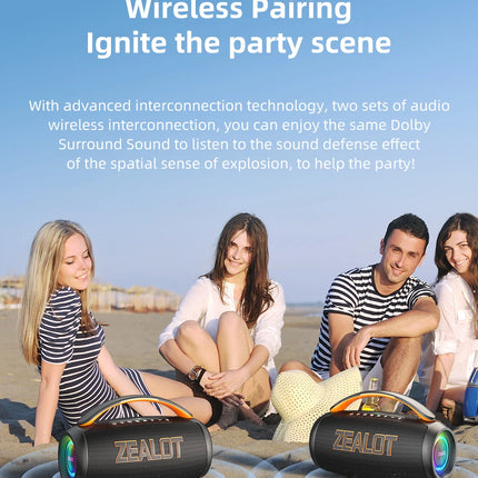 Zealot-P12 Speaker 60W Portable Bluetooth Speaker with IPX6 Waterproof, Comfortable handle,Controllable lighting,TF,USB