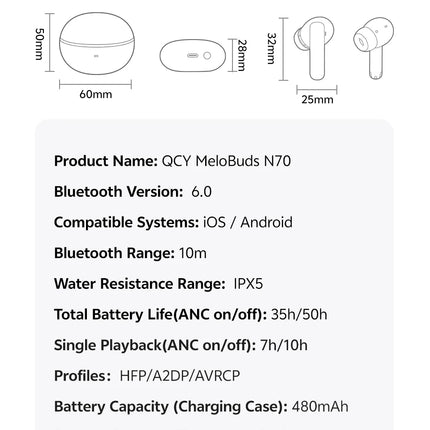 QCY MeloBuds N70 Adaptive ANC Wireless Earbuds Bluetooth 6.0 LDAC Hi-Res Audio 6 Mics Wireless Charging Earphones 50Hrs IPX5