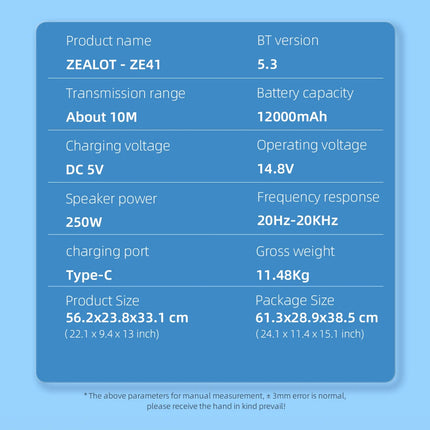 ZEALOT ZE41 250W Bluetooth Subwoofer | 48000mAh Long-Lasting Battery, RGB Lights, OTG Recording, Smart APP Control