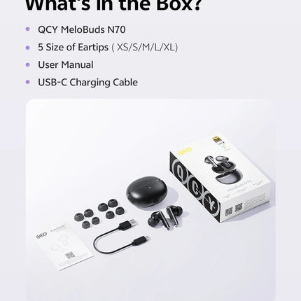 QCY MeloBuds N70 Adaptive ANC Wireless Earbuds Bluetooth 6.0 LDAC Hi-Res Audio 6 Mics Wireless Charging Earphones 50Hrs IPX5