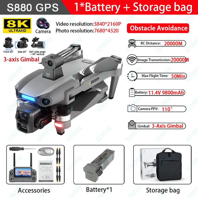 S880 MAX Professional GPS Drone With 8K HD Camera Screen Remote 3 Axis Gimbal Obstacle Avoidance FPV Brushless RC Quadcopter Toy