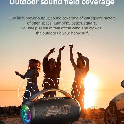 Zealot-P12 Speaker 60W Portable Bluetooth Speaker with IPX6 Waterproof, Comfortable handle,Controllable lighting,TF,USB