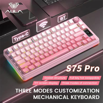 AULA S75 Pro Gaming Mechanical Keyboard 75% Hot Swappable RGB Backlit 4000mAh PBT Keycaps Wireless Keyboard with LED Screen Knob