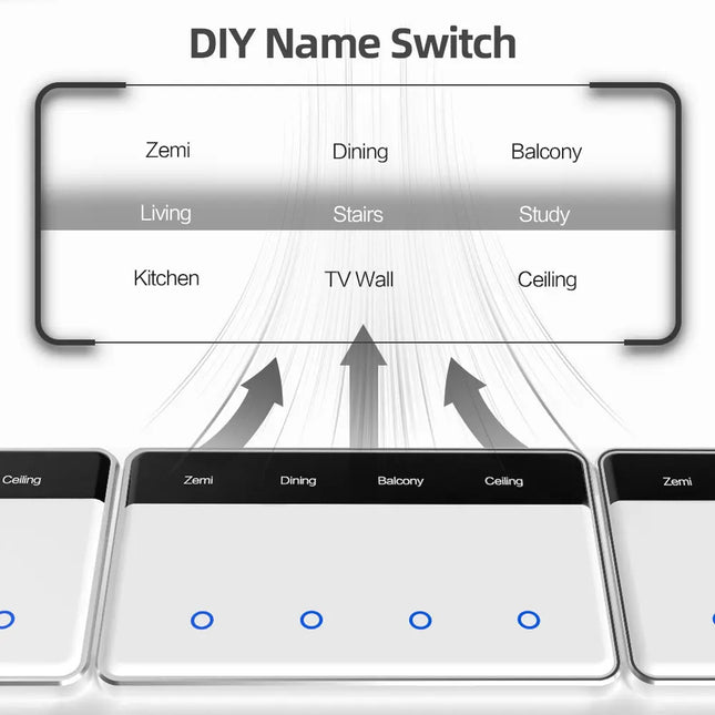 Zemismart Zigbee DIY Name Switch Smart US Touch Light Switch with Horizontal Display Screen Work with Tuya App Alexa Google Home