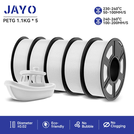 JAYO 3D Printer Filament  PETG PLA HSMPETG PLA PLUS 1.75mm 5Rolls 3D Printing Materials for 100% No Bubble &FDM 3D Pen DIY Gift