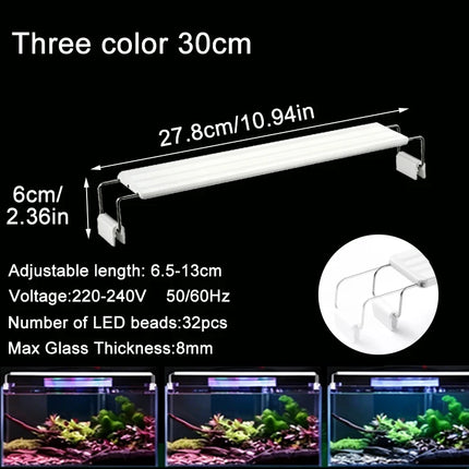 Aquarium LED Fish Tank Light, 3 Color Full Spectrum Adjustable Water Plant Lamp, Telescopic Clip-On Light for 18-75cm Aquariums