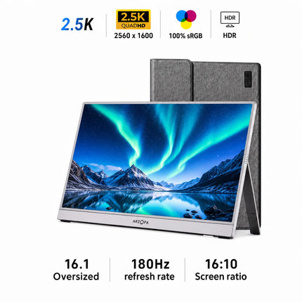 ARZOPA 16.1'' 2.5k Portable Monitor 180hz IPS 16:10 100%sRGB External Monitor for Laptop PS4/5 Switch MAC With HDMI/USB C Z3FC