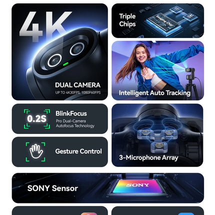 4K Webcam PTZ Web Camera EMEET PIXY Dual-Camera AI Tracking Video Camera for Streaming With SonySensor Gesture Control Autofocus